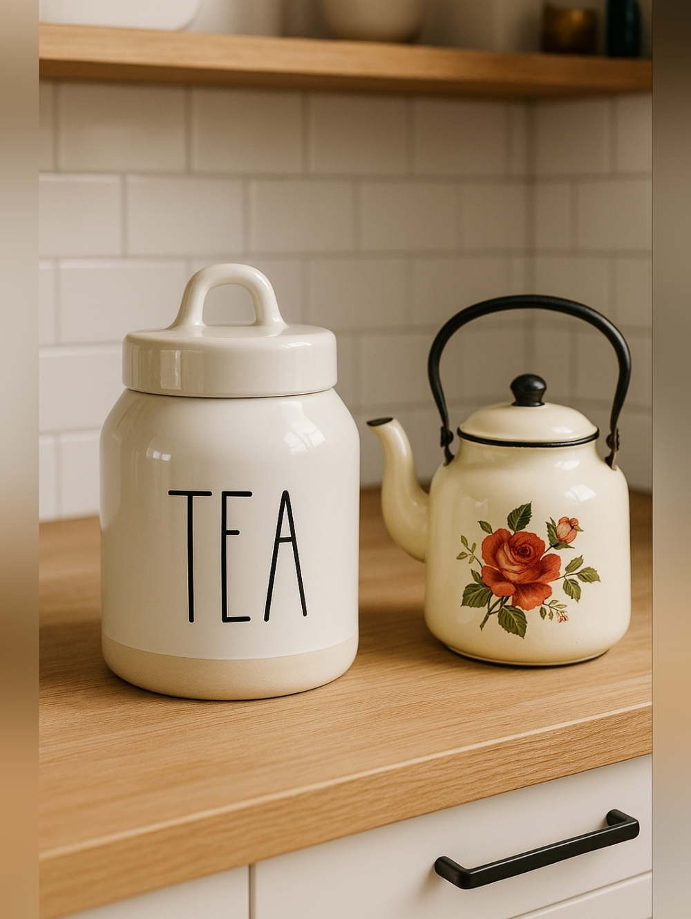 Rae Dunn White Ceramic TEA Canister with Cream Band